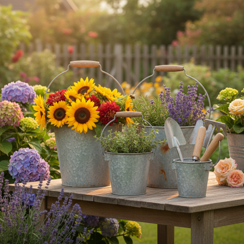 Itens Conjunto de 3 baldes decorativos de metal com efeito ferrugem vintage, Ø15/17,5/22 cm.