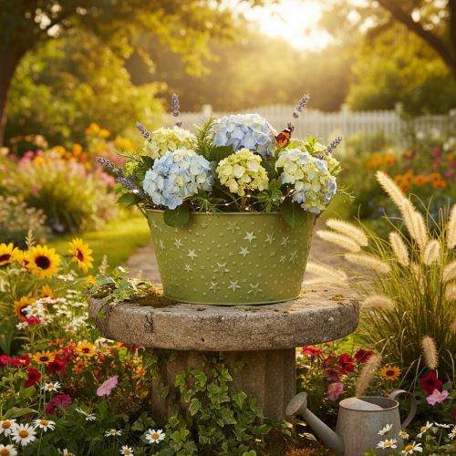 Itens Tigela de metal com estrelas e alças, verde, Ø20cm, A11,5cm