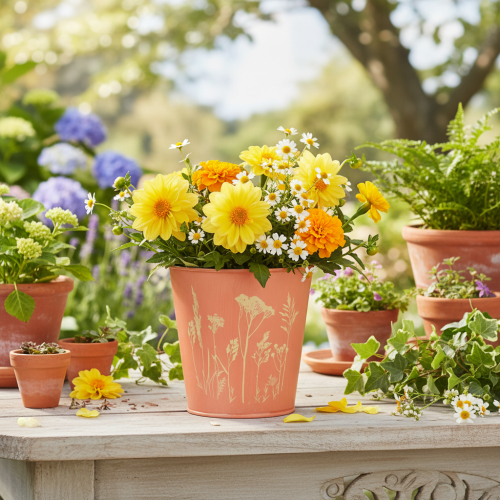 Itens Vaso de flores com decoração floral, amarelo damasco, Ø10,5cm A10,5cm