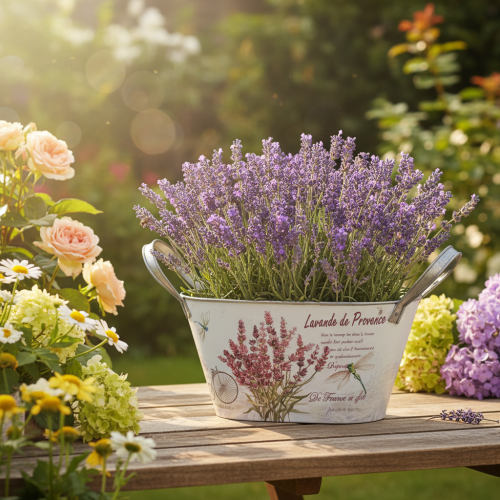 Itens Vaso oval de metal para flores com alças, lavanda, 32×15×15cm