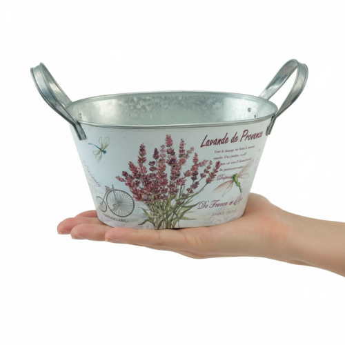 Itens Vaso oval de metal para flores com alças, lavanda, 32×15×15cm