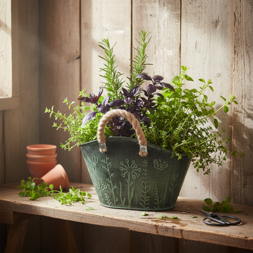 Itens Vaso de flores com alças, bolsa, metal, juta, 19×13,5×13,5cm