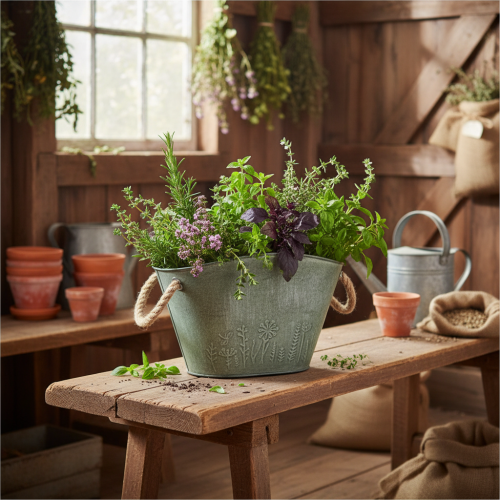 Itens Vaso de flores com alças, bolsa, metal, juta, 24,5×17×15,5cm