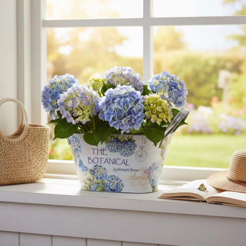 Itens Vaso de metal com alças, em formato de hortênsia, 26×13×14,5cm