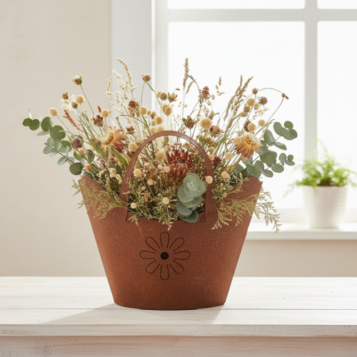 Itens Saco para plantas decorativo em metal ferrugem com alças H37cm