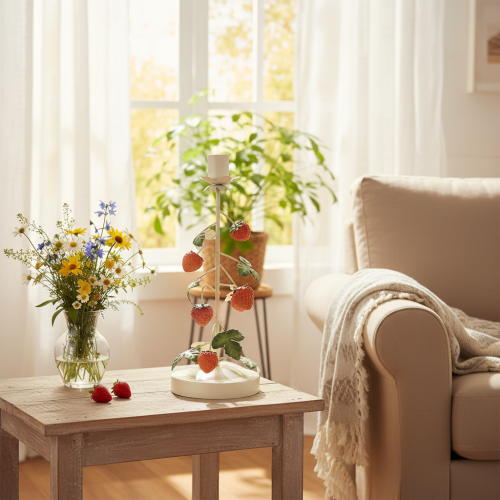 Itens Castiçal metálico para vela cônica com decoração de morango, cor creme, redondo, 26 cm de altura.