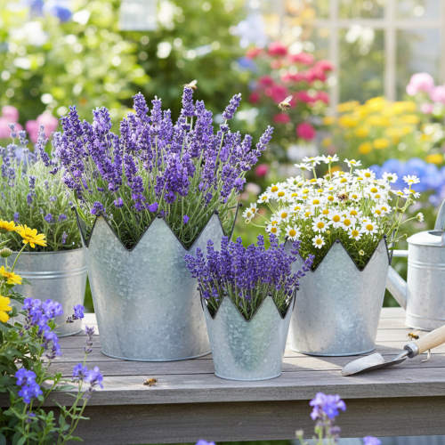 Itens Conjunto de 3 vasos decorativos em metal zinco com coroa, diâmetros de 21,5/19,5/17 cm.