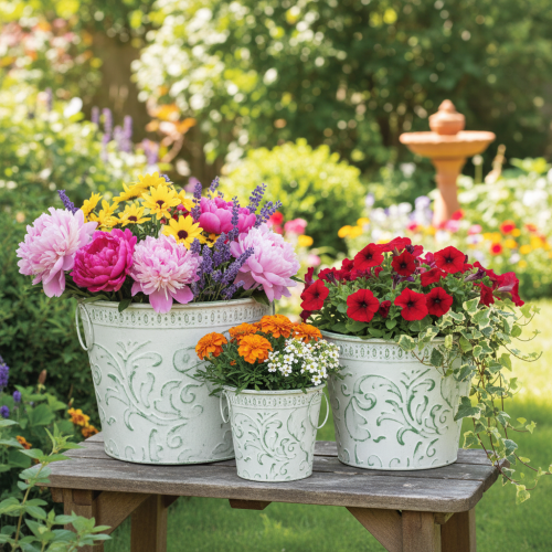 Vasos de metal com alças, floreiras com relevo, branco, verde, estilo shabby chic, A20,5/18,5/16cm, Ø25,5/20,5/15,5cm, conjunto de 3 | Floristik24.pt