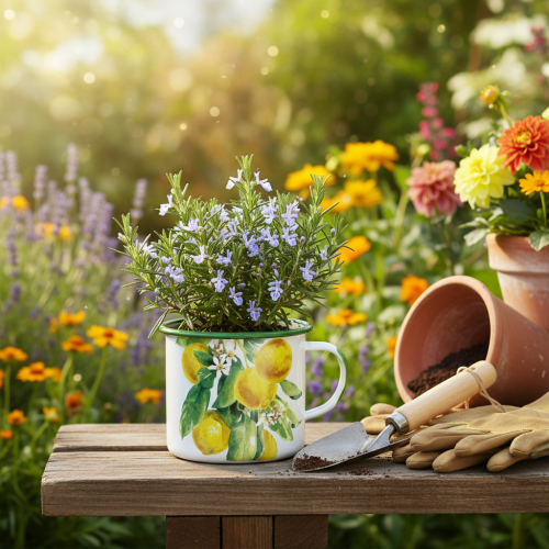 Itens Vaso de plantas esmaltado, vaso decorativo com ramo de limão, floreira em estilo mediterrâneo Ø9,5cm A10cm