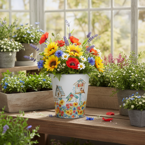 Vaso de metal com motivo decorativo, floreira com casinhas de pássaros, balde de lata A13cm Ø11,5cm | Floristik24.pt