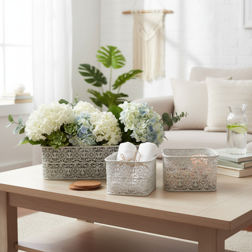 Itens Conjunto de 3 tigelas de metal com padrão de renda, recipientes decorativos quadrados, estilo shabby chic, brancas, 27/23/19 cm, altura 13,5 cm.