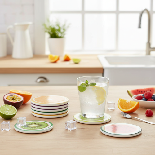 Itens Conjunto de porta-copos em formato de frutas, decoração de mesa, para cozinha e sala de estar, 10 cm, 6 peças.
