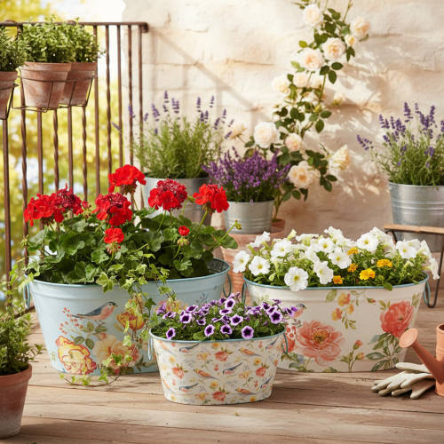 Vasos de plantio, primavera, floreiras/jardineiras para pássaros, recipiente oval de metal L39/31/24,5cm, conjunto de 3 | Floristik24.pt