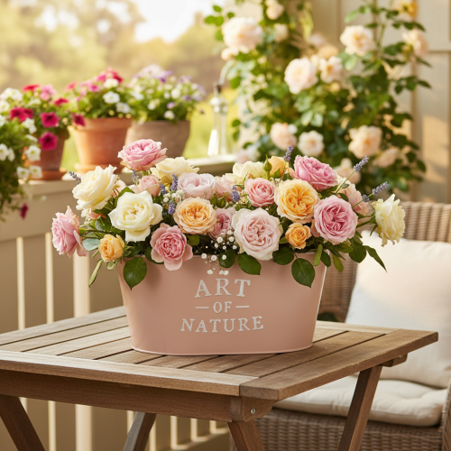 Itens Vaso oval de zinco para flores, rosa antiga, 27×18cm, A12,5cm