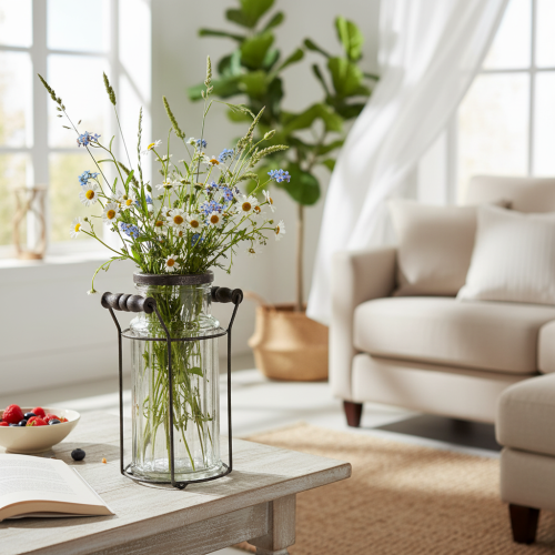 Itens Garrafa de vidro em cesto de metal, ideal para decoração na sala de estar, 20 cm