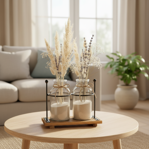 Vaso decorativo em forma de garrafa, vidro e madeira, 23x12x19,5cm, conjunto com 2 peças. | Floristik24.pt