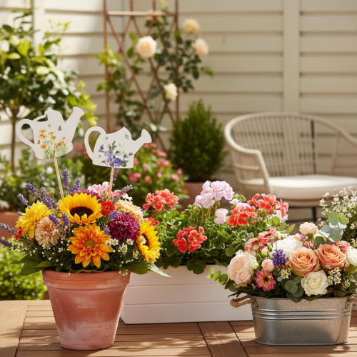 Itens Estacas decorativas em formato de regador para arranjos florais e decoração de varandas, 34 cm, pacote com 12 unidades.