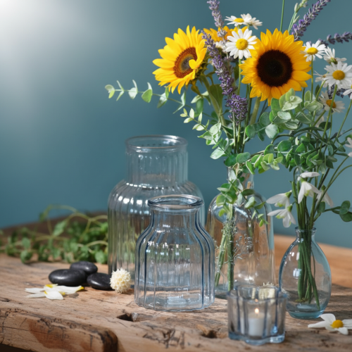 Itens Vasos de flores de vidro com ranhuras design azul Ø11cm H14,5cm 2 unidades