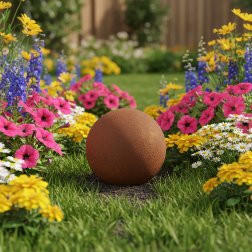 Itens Esfera decorativa cor ferrugem para jardim rústico, 14 cm, 2 peças