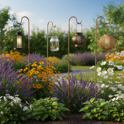 Itens Vara com gancho, decoração de jardim em metal cor ferrugem, 80 cm de altura, 3 peças