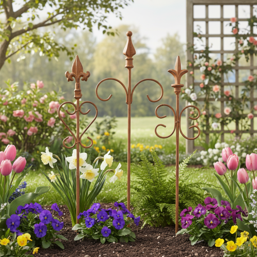 Itens Estaca decorativa vintage para jardim, em metal enferrujado, sortida, 58 cm, 3 peças