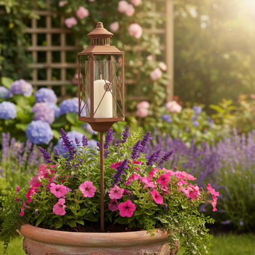 Itens Lanterna de jardim, decoração em metal, com aspecto enferrujado, 12 cm x 12 cm x 135 cm