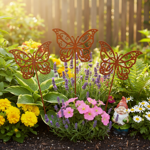 Itens Estacas de metal para flores, com design rústico, decoração de borboleta, 10×7cm, 3 peças
