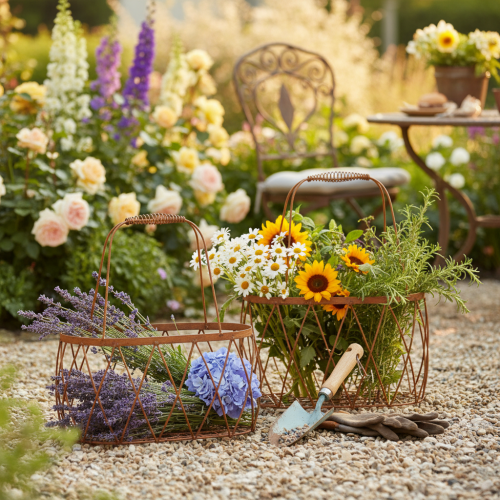 Cesto oval de arame com alça, decoração de jardim, acabamento enferrujado, 30/25 cm, conjunto de 2 | Floristik24.pt