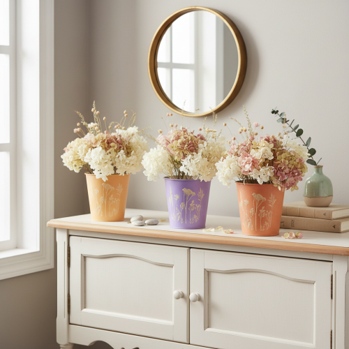 Conjunto de 3 Vasos de Metal com Motivo Floral em Pastel 10cm | Floristik24.pt