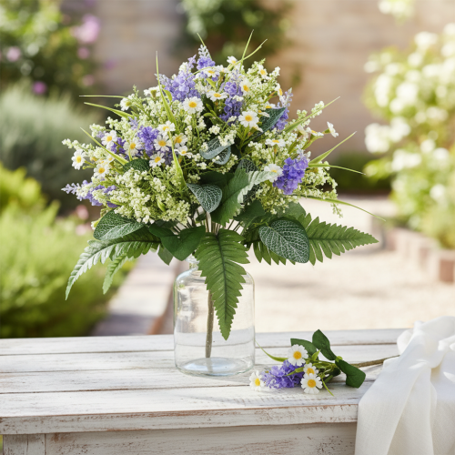 Buquê decorativo de flores artificiais, margaridas e lilases, incrivelmente realista, 40 cm, decoração de mesa, decoração de quarto. | Floristik24.pt