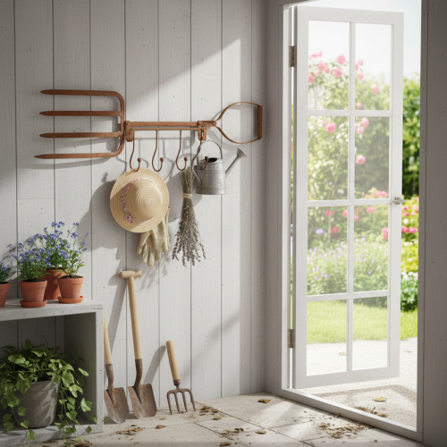Suporte de metal enferrujado com ganchos, garfo de feno decorativo, decoração de jardim, 4 ganchos, 62 cm | Floristik24.pt