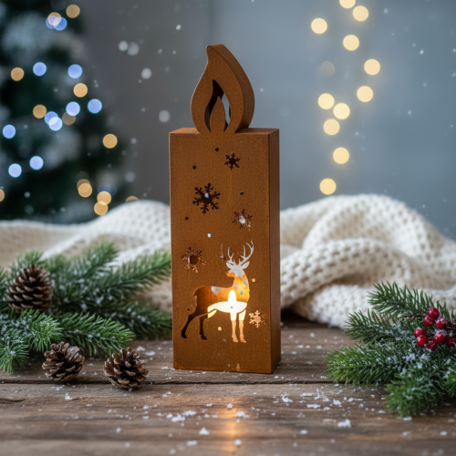 Porta-velas natalino em metal enferrujado, com formato de veado, 45x14cm | Floristik24.pt