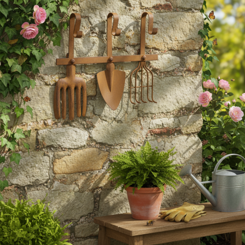 Cabideiro de metal com gancho para ferramentas de jardim, decorações, ancinho, pá e enxada; feito de metal enferrujado, 33,5 cm de comprimento. | Floristik24.pt
