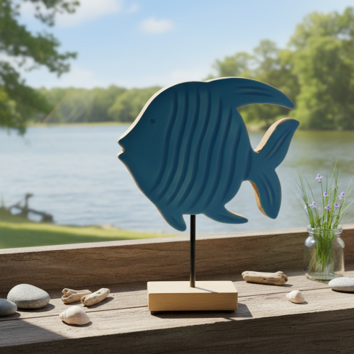 Estatueta de peixe em madeira, decoração marítima, peça decorativa de mesa feita à mão para sala de estar, 22 cm | Floristik24.pt