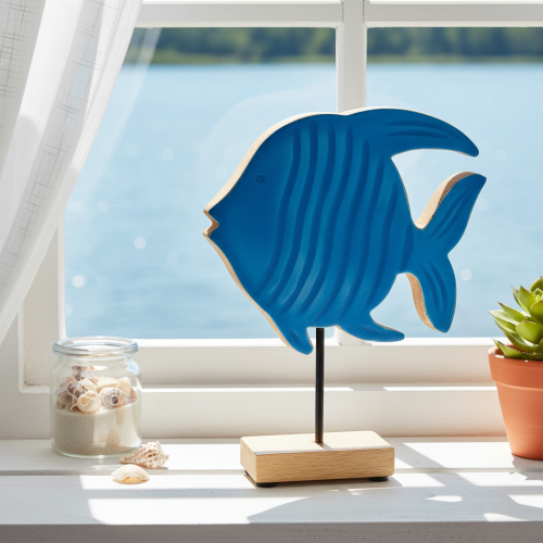 Estatueta de peixe em madeira, decoração marítima, peça decorativa de mesa feita à mão para sala de estar, 22 cm | Floristik24.pt