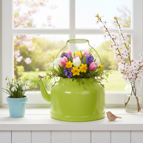 Bule decorativo de metal, verde-maçã - vaso de flores - Ø20cm A15cm - decoração versátil para jardim e ideia de presente | Floristik24.pt