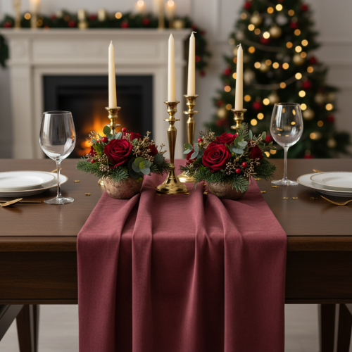 Caminho de mesa em veludo Bordeaux vermelho escuro, 28×270cm - tecido decorativo luxuoso para caminho de mesa para ocasiões festivas | Floristik24.pt