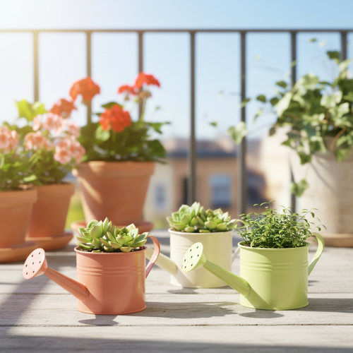 Itens Conjunto de regadores decorativos em tons pastel de salmão, verde e verde-amarelado - vasos de metal Ø11cm A10cm, 8 peças