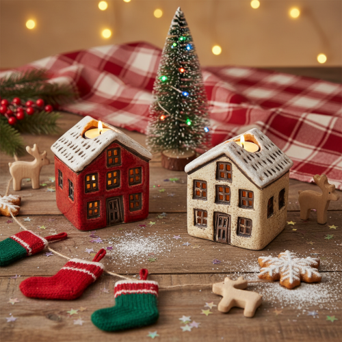 Castiçal de cerâmica, casinha decorativa com neve para decoração de mesa, 7 cm, 2 peças | Floristik24.pt