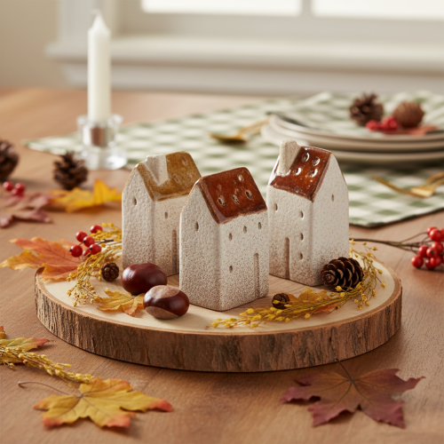 Conjunto de miniaturas de casas decorativas em cerâmica, para decoração de mesa, 9 cm, 3 peças. | Floristik24.pt