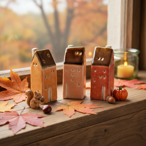 Casa decorativa em miniatura de cerâmica para peitoril de janela, 10 cm, 3 peças | Floristik24.pt