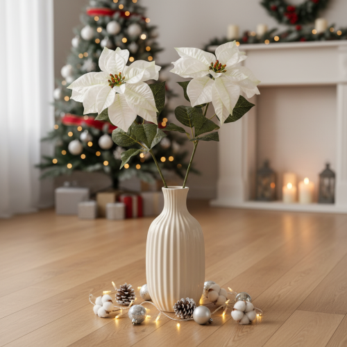 Poinsétia artificial branca, galho grande florido para decoração, 65 cm, 2 peças | Floristik24.pt