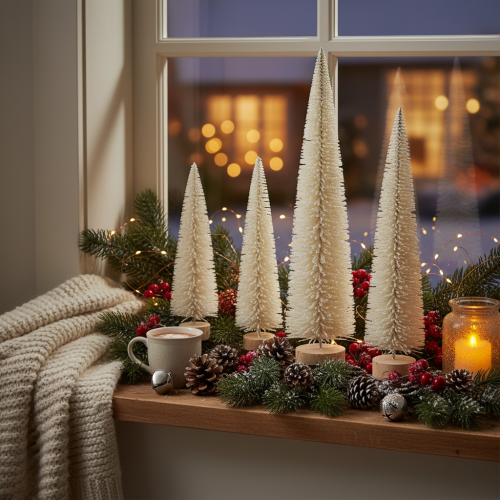 Árvore de Natal decorativa com base de madeira para decoração de inverno, 40 cm, 3 peças | Floristik24.pt
