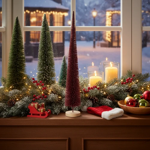 Itens Árvore de Natal decorativa, figura esguia de árvore sobre base de madeira, 60 cm
