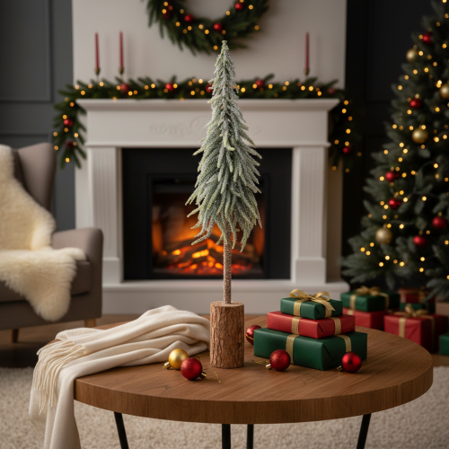 Pinheiro artificial, com efeito de gelo, árvore decorativa sobre base de madeira para decoração de inverno e Natal, 75 cm | Floristik24.pt
