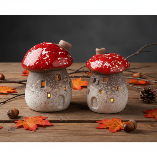 Casa de Cogumelo com Farol, Figura Decorativa de Amanita muscaria com Chaminé, 10cm, 2 peças | Floristik24.pt