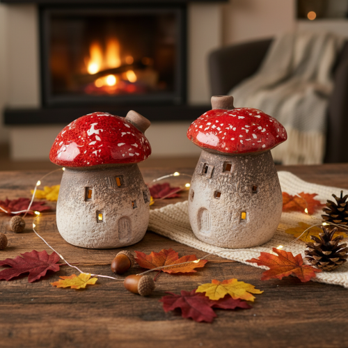 Casa de Cogumelo com Farol, Figura Decorativa de Amanita muscaria com Chaminé, 10cm, 2 peças | Floristik24.pt