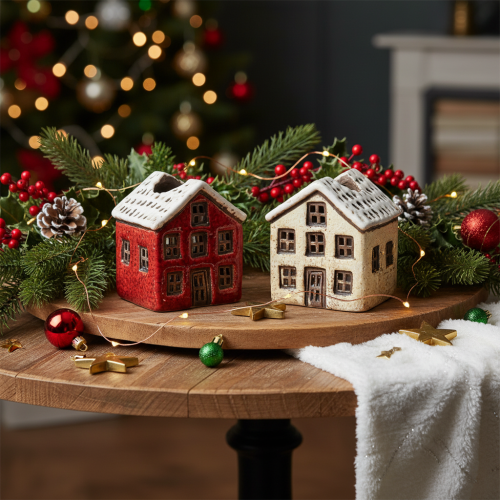 Castiçal de cerâmica, casinha decorativa com neve para decoração de mesa, 7 cm, 2 peças | Floristik24.pt