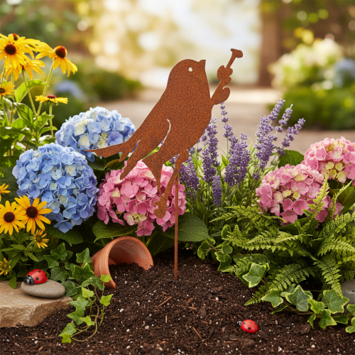 Estaca decorativa para jardim de pássaros, em metal enferrujado, 52 cm | Floristik24.pt