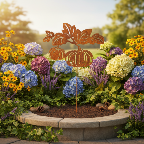 Itens Estaca de jardim com motivo de abóbora, decoração em metal, acabamento enferrujado, 100 cm